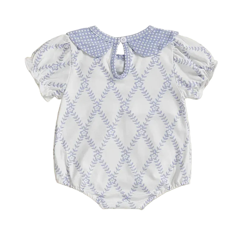 blue romper with puff sleeves and patterned collar for infants