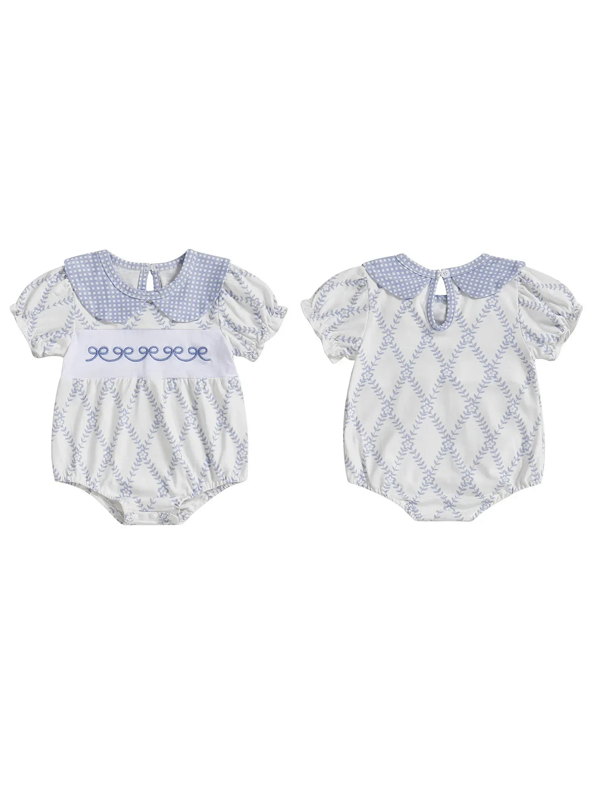 baby blue romper with puff sleeves and patterned collar for infants