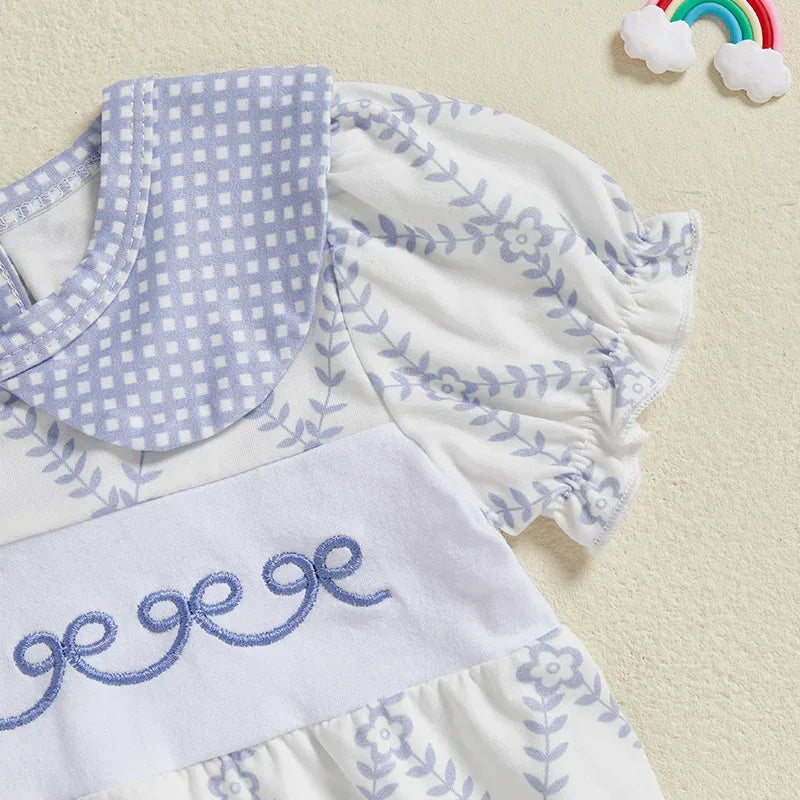 baby blue romper with floral print and checkered collar, short puff sleeves