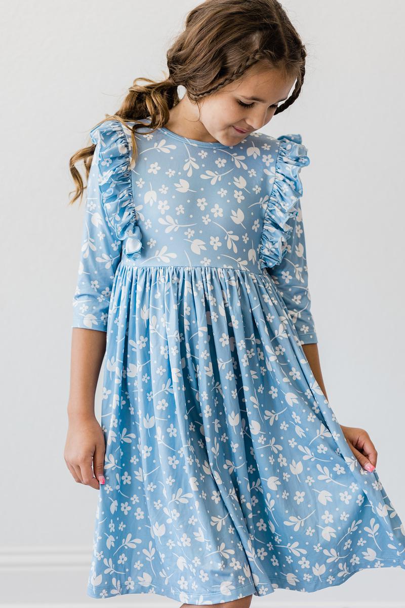 Mila & Rose girls blue ruffle twirl dress for girls with 3/4 sleeves and floral pattern