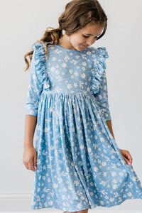 Mila & Rose girls blue ruffle twirl dress for girls with 3/4 sleeves and floral pattern