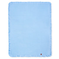 Unfolded baby blue garter stitch blanket with continuous ruffled border and corner tag