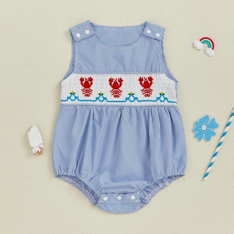 Blue seersucker romper baby with sleeveless design and red lobster embroidery for infants