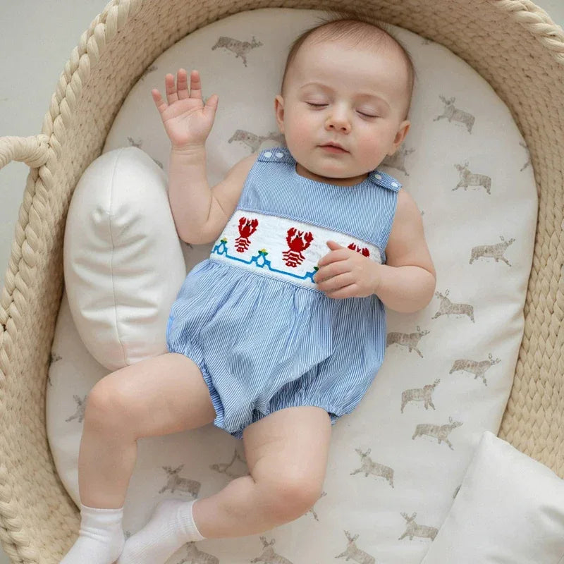 blue seersucker romper baby toddler sized with embroidered red lobsters sleeveless design