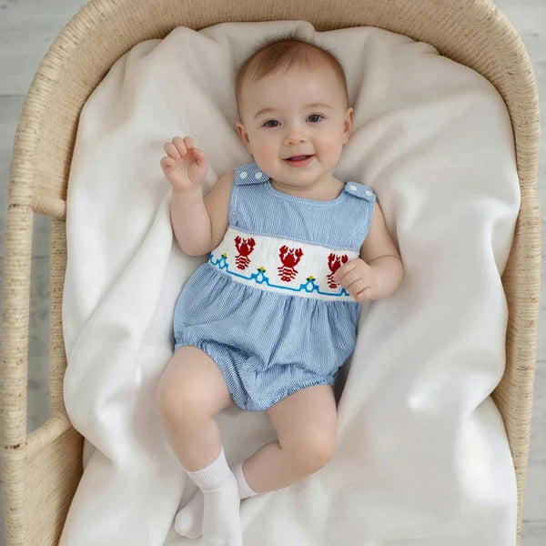 blue seersucker romper baby with lobster embroidery, sleeveless design for infants