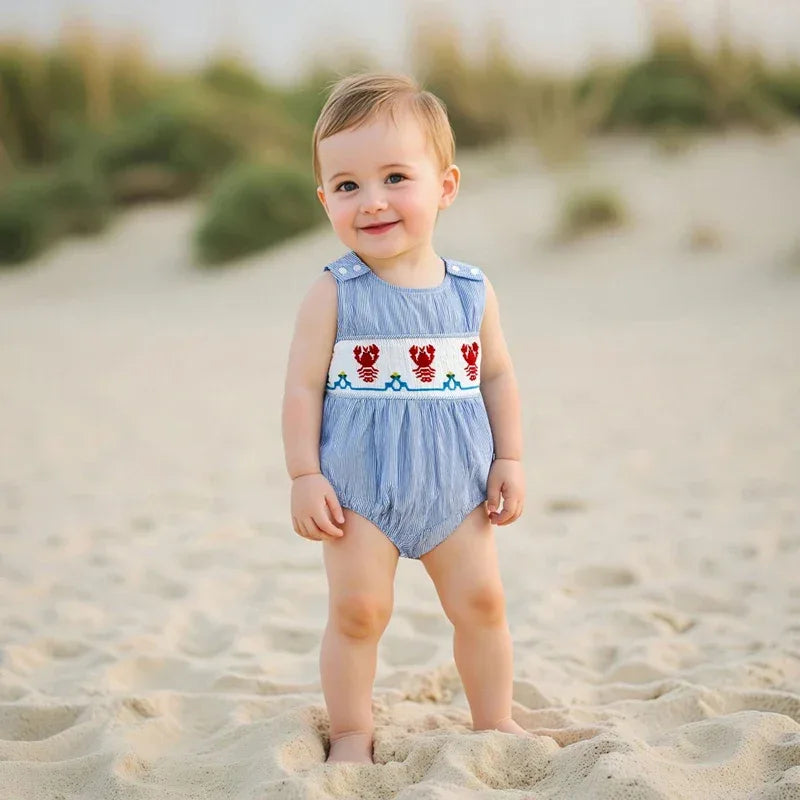 baby boy blue seersucker romper baby with red crab embroidery, sleeveless summer outfit