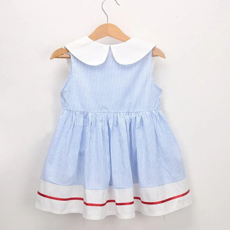 Girls light blue striped dress with white collar and red trim, toddler size