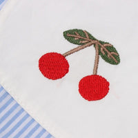 White and blue baby dress with cherry print dress for girls featuring embroidered red cherries detail
