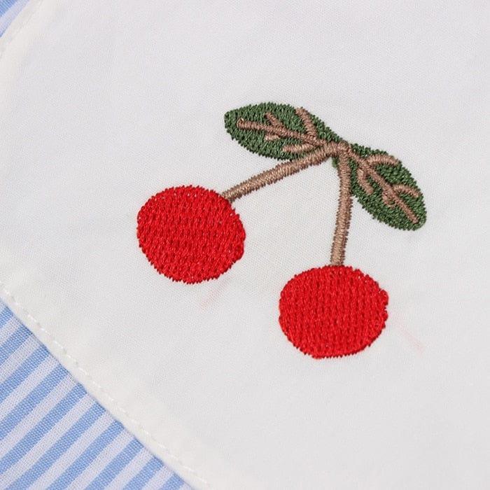 baby blue and white striped cherry print dress for girls with embroidered red cherries detail