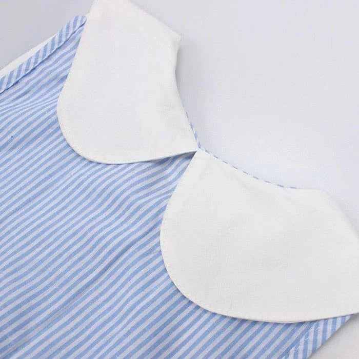 girls blue and white striped dress with large white rounded collar cherry print dress for girls