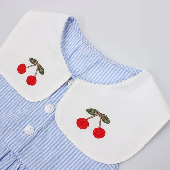 Blue and white striped baby dress with white collar featuring cherry print dress for girls embroidery