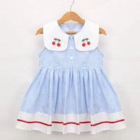 girls blue and white striped cherry print dress for girls with sleeveless design and embroidered collar