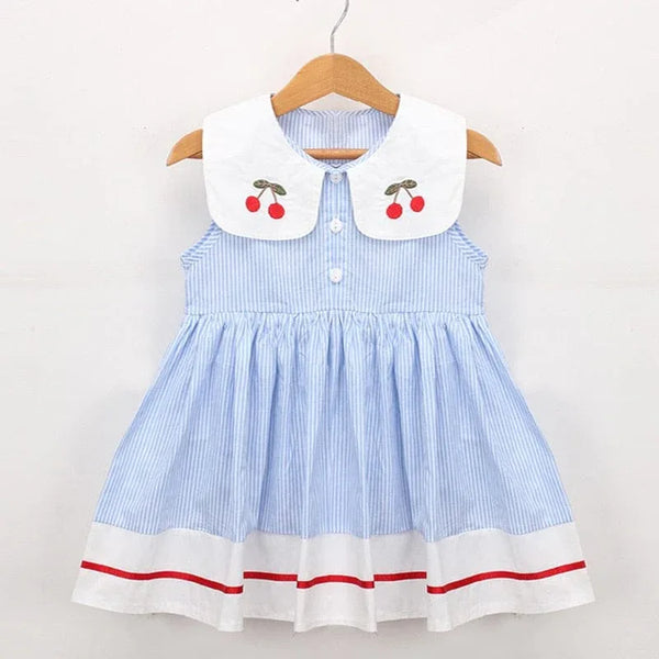 girls blue and white striped cherry print dress for girls with sleeveless design and embroidered collar