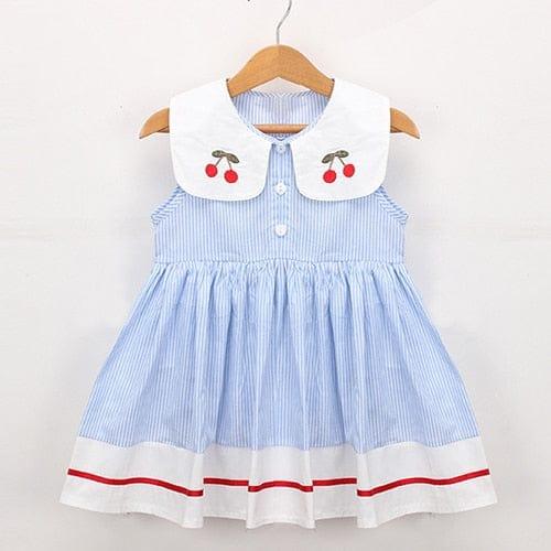 Girls blue and white cherry print dress for girls with embroidered collar, sleeveless, toddler size