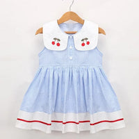 Girls light blue striped sleeveless dress with white collar and cherry print dress for girls detail