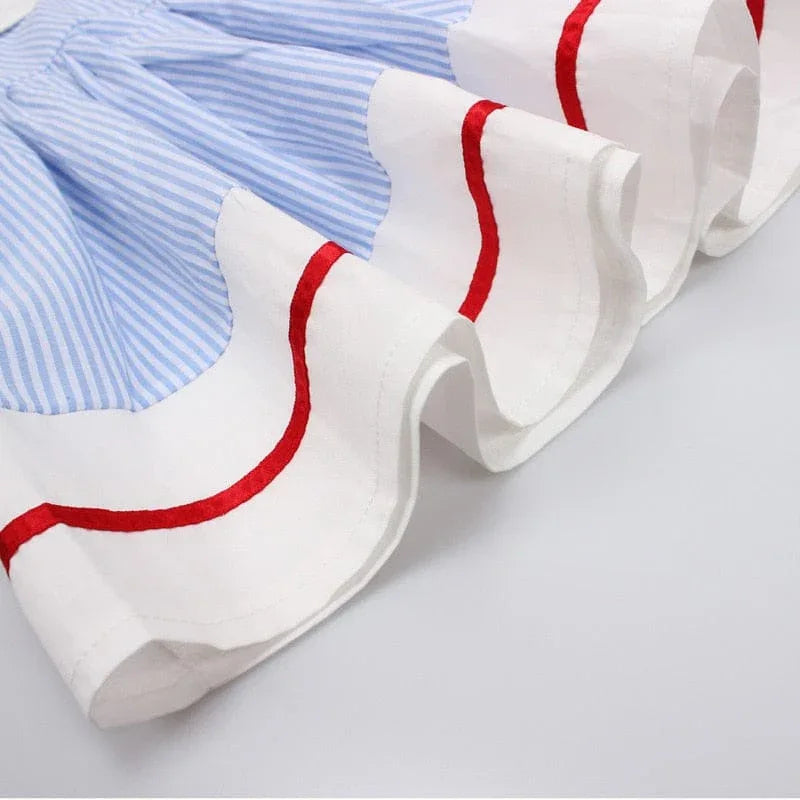 Girls blue and white striped dress with white ruffled hem and red trim cherry print dress for girls