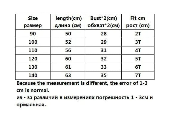 cherry print dress for girls in sizes 2T to 7T with detailed size chart showing length and bust measurements
