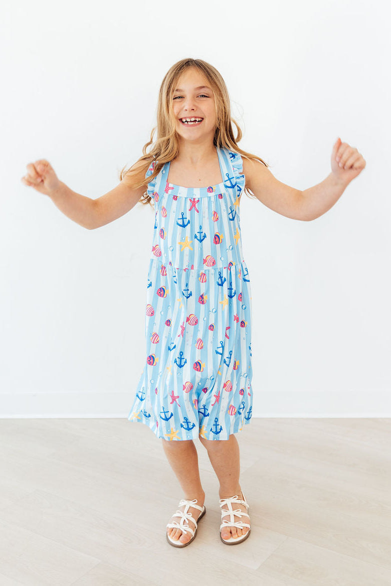 Girls light blue dress ruffle with cross back and nautical print, size for kids