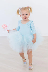 Toddler blue tutu leotard for girls by Mila Rose with 3/4 sleeves and fluffy tulle skirt