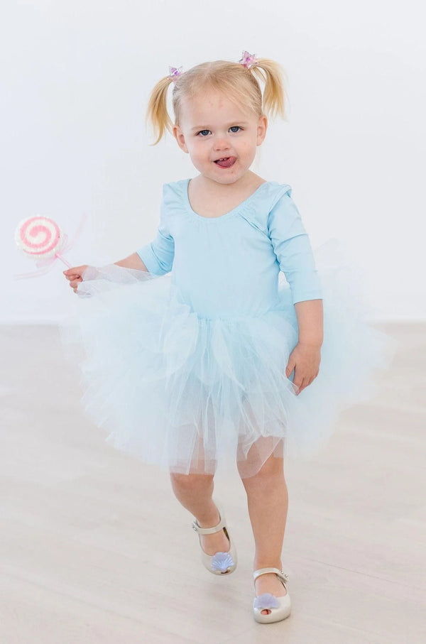 Toddler blue tutu leotard for girls by Mila Rose with 3/4 sleeves and fluffy tulle skirt