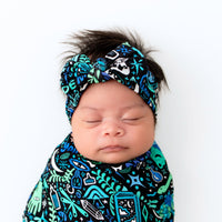 SoftKnot Bow Mystic Mama Blue Bamboo Baby Headwrap For Newborns To Toddlers