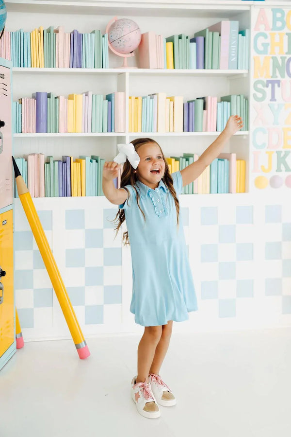 Girls light blue bluebird polo dress for girls with collar and short sleeves, size for young children