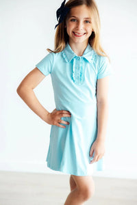 Girls light blue short sleeve bluebird polo dress for girls with ruffle collar detail