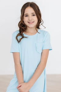 Girls light blue bluebird t-shirt dress for girls with short sleeves and pocket detail