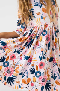 Blush peony girls twirl dress 3/4 sleeve with colorful floral print for toddlers