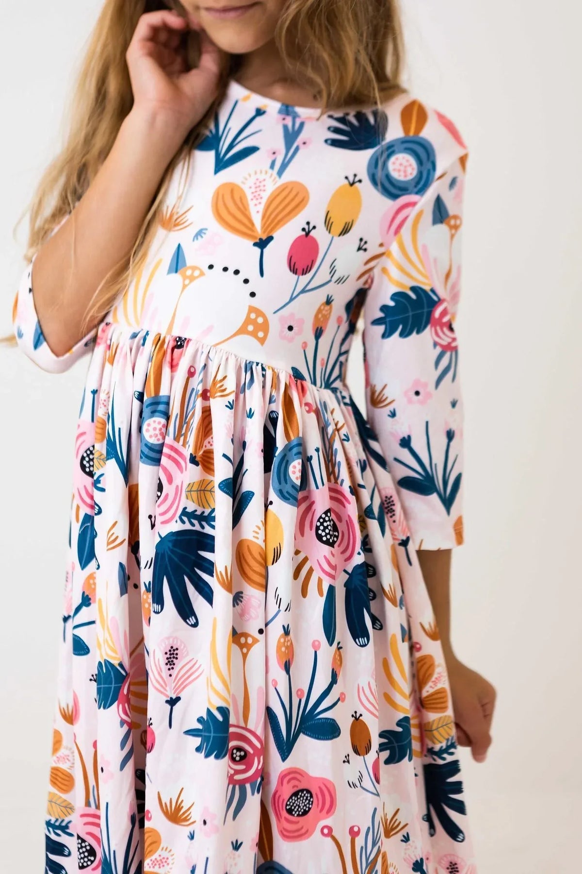 Blush peony girls twirl dress with floral print and 3/4 sleeves for young girls