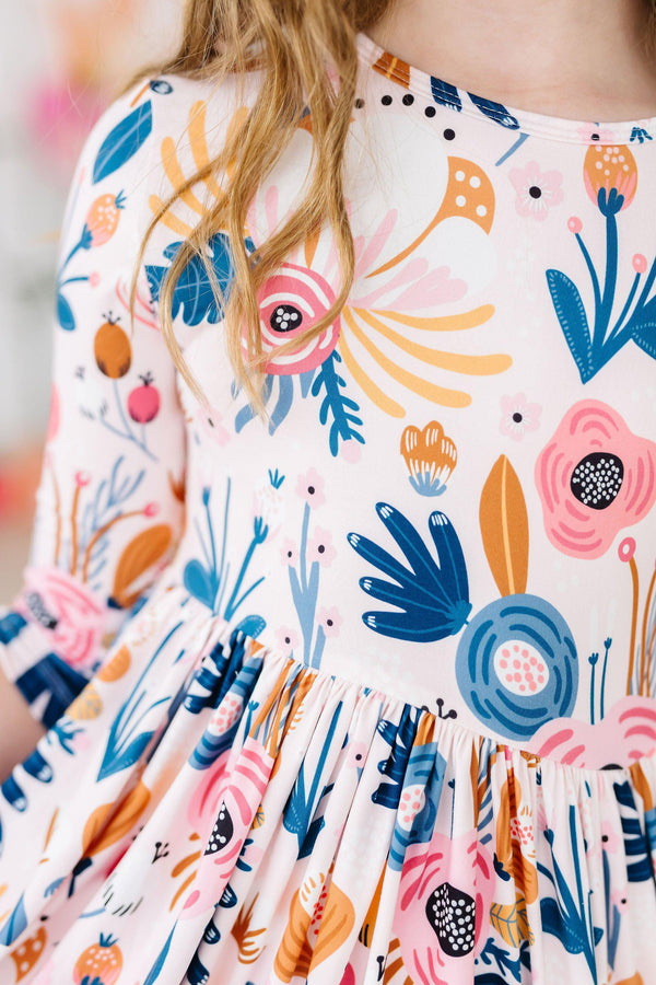 Blush peony girls twirl dress by Mila & Rose with vibrant floral print and 3/4 sleeves for girls