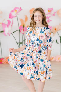 Blush peony girls twirl dress, 3/4 sleeve pocket dress with colorful floral print for girls