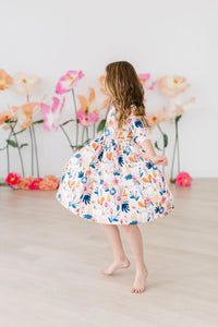Blush peony girls twirl dress with 3/4 sleeves for young girls by Mila & Rose
