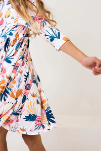 Blush peony girls twirl dress with 3/4 sleeves and floral pattern for toddlers by Mila & Rose