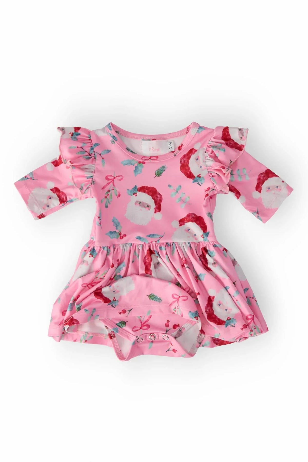 Pink Santa print flutter sleeve twirl bodysuit for baby girls by Mila & Rose