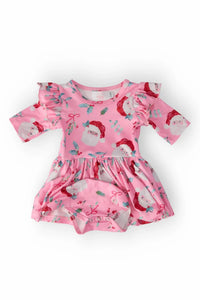Pink Santa print flutter sleeve twirl bodysuit for baby girls by Mila & Rose