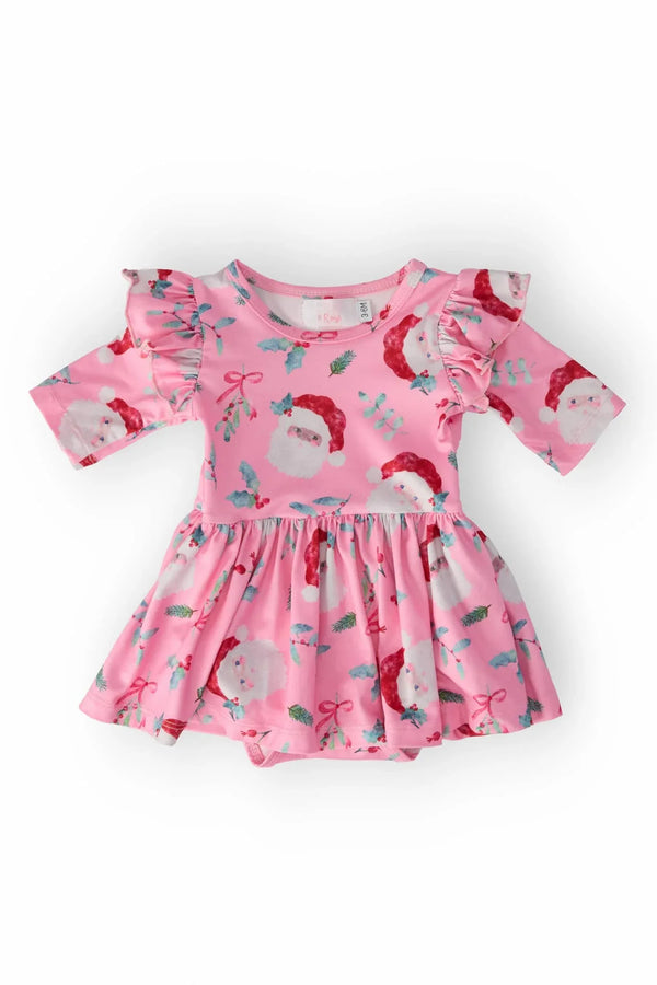 Pink Twirl Bodysuit for baby girls with flutter sleeves and Santa Claus print