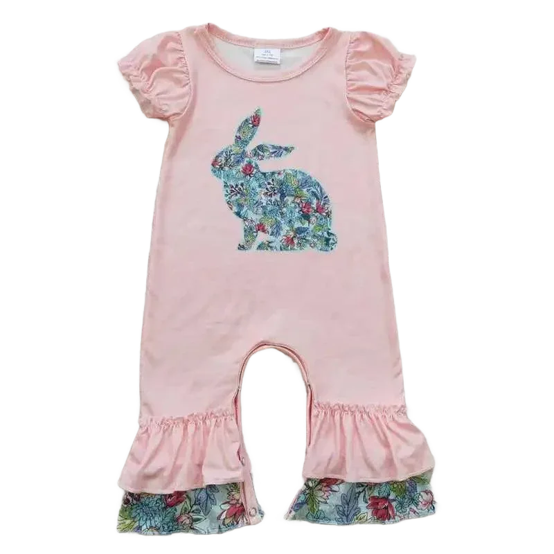 pink boho baby romper with puff sleeves and floral bunny print for infants