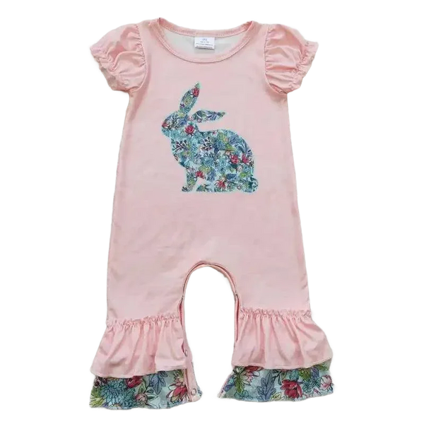 pink boho baby romper with puff sleeves and floral bunny print for infants