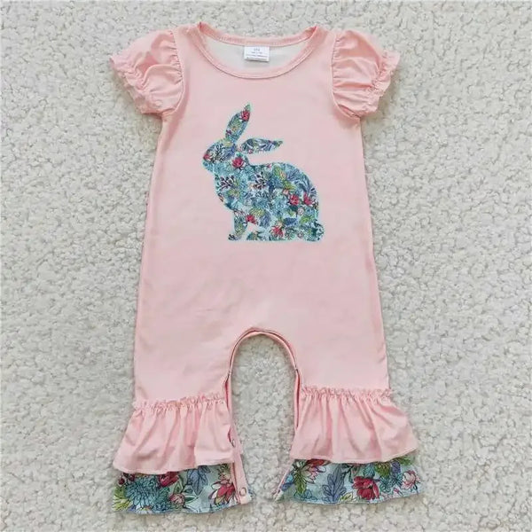 Pink baby romper with puff sleeves and floral bunny print featuring floral ruffle details boho baby romper