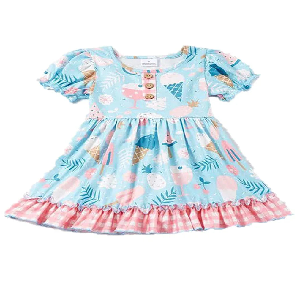 blue boho floral dress for toddler girls with puff sleeves and ruffle hem pink checkered trim