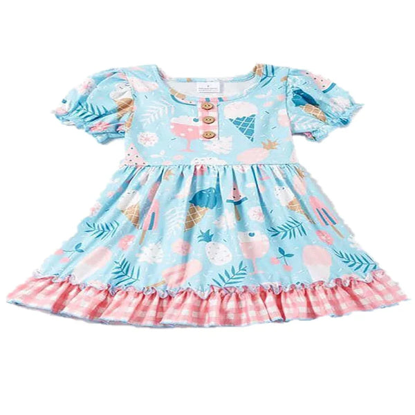 blue boho floral dress for toddler girls with puff sleeves and ruffle hem pink checkered trim