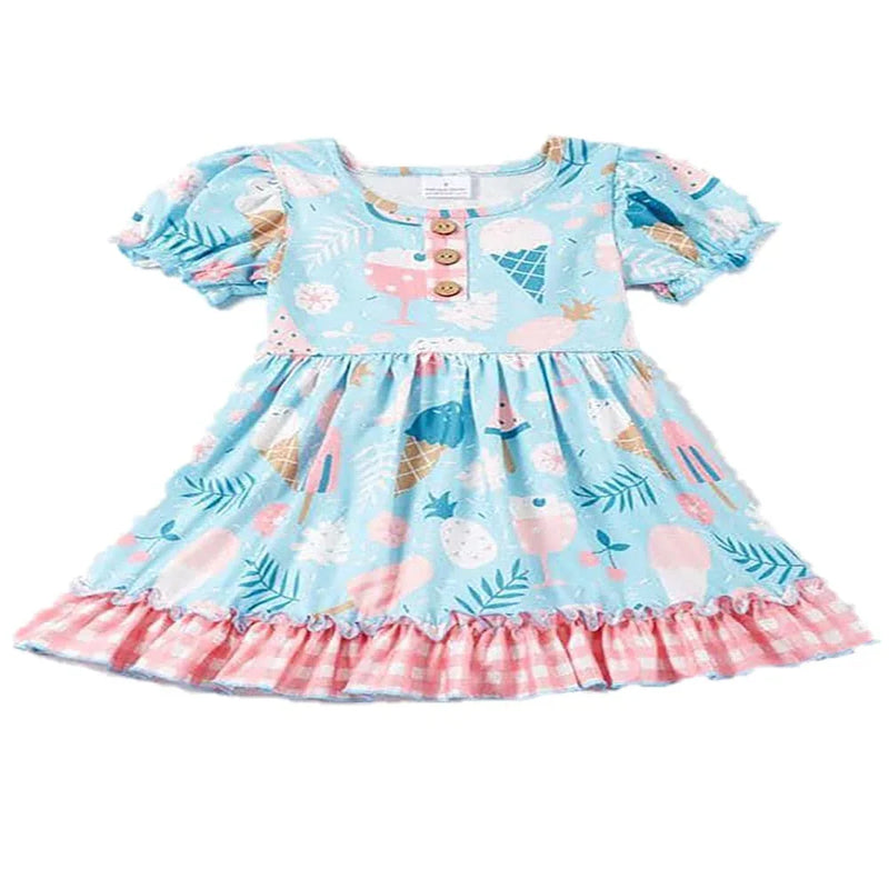 blue boho floral dress for toddler girls with puff sleeves and ruffle hem pink checkered trim