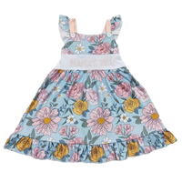 baby blue floral boho party dress with Mama's Girl embroidery and ruffle sleeves for infants