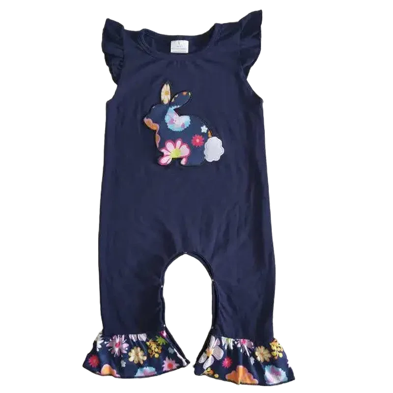 navy blue boho romper for babies with floral bunny applique and ruffle sleeves and legs