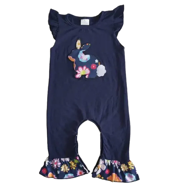 navy blue boho romper for babies with floral bunny applique and ruffle sleeves and legs