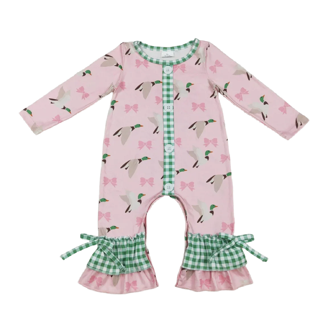 baby pink boho romper with mallard duck print and green gingham ruffle cuffs size newborn to toddler