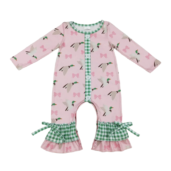 baby pink boho romper with mallard duck print and green gingham ruffle cuffs size newborn to toddler