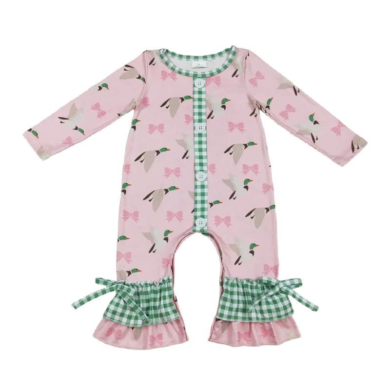 baby pink boho romper with mallard duck print and green gingham ruffle cuffs size newborn to toddler