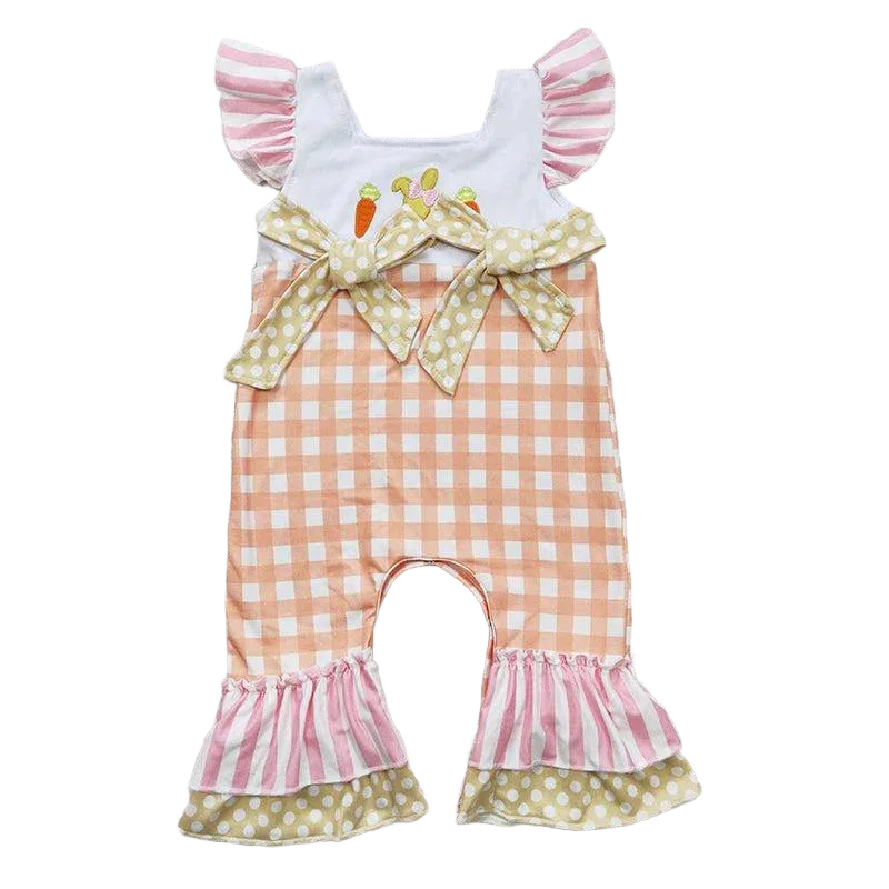 baby girl boho romper with peach gingham pattern, pink striped ruffle sleeves, and polka dot bows